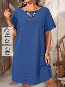 EMERY ROSE Plus Size Women Summer Royal Blue Solid Round Neck Short Sleeve Straight Casual Dress,Vacation Outfits Boho,Smart Casual Holiday Outfits For Women - Blue - View 3