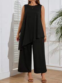 EMERY ROSE Set de 2 piezas Talla grande Mujeres Elegante Casual Blusa con bajo asimétrico y Pantalones cortos con abertura en la pierna Conjunto de Verano para Mujeres - Negro - Ver 3