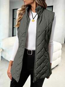 SHEIN Clasi Abrigo acolchado sin mangas con cremallera de unicolor, otoño/invierno - Verde Oscuro - Ver 5