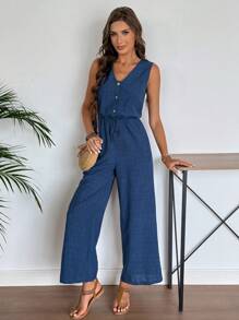 EMERY ROSE Combinaison casual à col en V avec poches et sans manches pour femmes, été - Bleu azur - Voir 7
