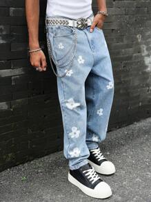 Manfinity EMRG 男士花卉印花口袋宽松休闲牛仔裤 - 淺色水洗藍 - 查看 7