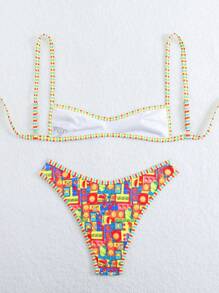 Swim Mod 2pcs/Set Women's Fashionable Sexy Micro Bikini Swimsuit, With Striped Trimming And Adjustable Shoulder Straps, Knitted Vacation Style For Summer