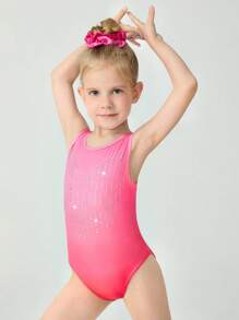 SHEIN Bodysuits senza maniche per giovani ragazze, tuta da ginnastica bodycon con sfumatura tie-dye rosa in polvere, tessuto elastico per danza, ginnastica e attività fisica, decorata con brillanti strass, elegante abbigliamento da campus per l'allenamento - Anguria Rosa - Visualizzare 4