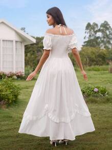 Modelyn Women's Solid Color Off-Shoulder Flounce Hem Short Sleeve Elegant Dress - White - View 2