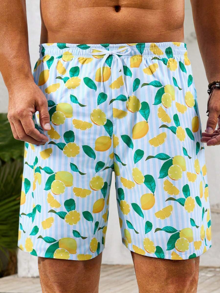 Men's Fresh Lemon Print Woven Fabric Casual Beach Shorts, Summer, Hawaiian