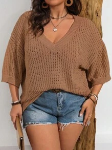 Franclia Maglione pullover taglia comoda, tinta unita, modello taglie forti con lavorazione traforata