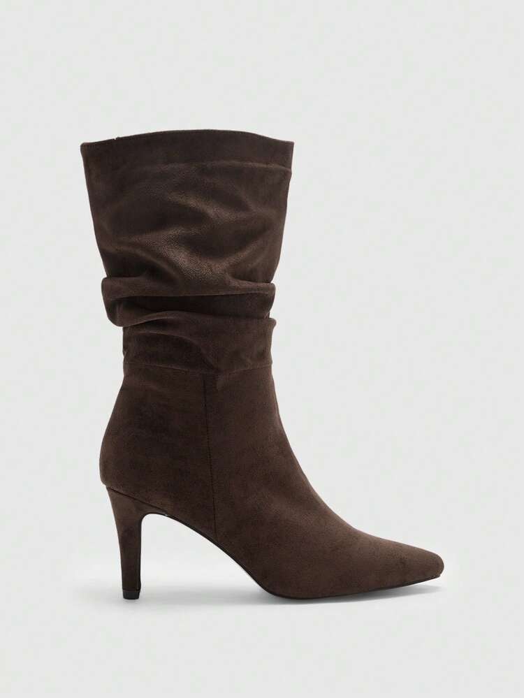 CUCCOO BIZCHIC Coffee Pointed Toe Slip-On High Heel Ruched Ankle Boots, Women's Fashion Ankle Boots For Christmas Spring Shoes