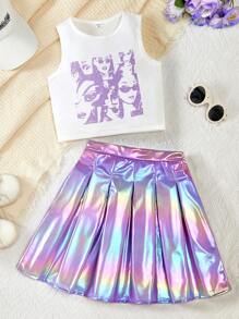Sparklyn Tween Girl Figure Print Tank Top And Glossy Pleated Skirt - Mauve Purple - View 1