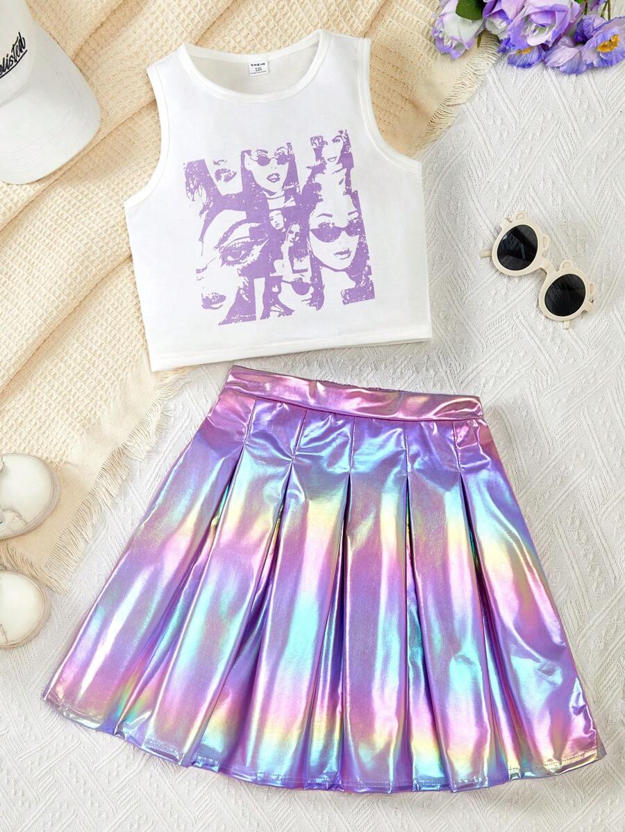 Sparklyn Tween Girl Figure Print Tank Top And Glossy Pleated Skirt - Mauve Purple - View 1