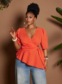 Maweii Plus Size Solid Color V-Neck Cross Wrap Elegant Short Sleeve Blouse - Orange - View 5