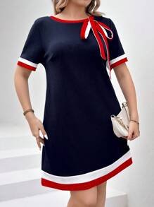 Chikora 大碼彩塊拼接蝴蝶結裝飾圓領短袖夏季連衣裙 - 彩色 - 查看 4