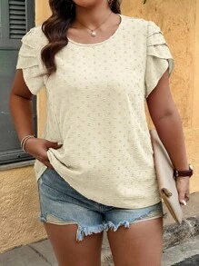 Calvaya Plus Size Women's Casual Solid Color Ruffle Sleeve Round Neck Blouse, Summer - Beige - View 6