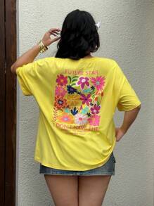Flirla Plus Size Plain Front & Back Pattern Print Short Sleeve T-Shirt - Yellow - View 2