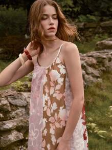 Lumivelle SummerHoliday Women's Fashionable European & American Style Flower Print Patchwork Loose Sleeveless Dress, Summer