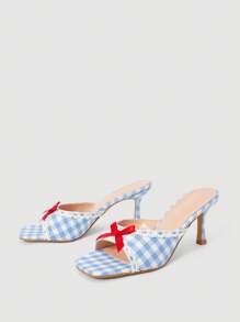 SheIn MOD 2025年夏季新款时尚可爱蝴蝶结别致蓝色格纹露趾细高跟凉鞋女