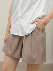 EMERY ROSE Women's Solid Color Pleated Pocket Casual Loose Shorts, Versatile - Coffee Brown - View 5