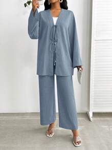SHEIN Lady مجموعة ملابس علوية وبنطلون كاجوال للنساء قطعتين، ملابس علوية كم طويل مربوطة من الأمام وبنطلون بلون واحد - ازرق ضبابي - مشاهدة 3