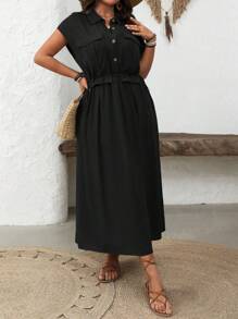 Breezaya Plus Size Women's Elegant Minimalist Utility Drawstring Waist Dress With Side Slit, Suitable For Work, Casual, Vacation, Spring/Summer