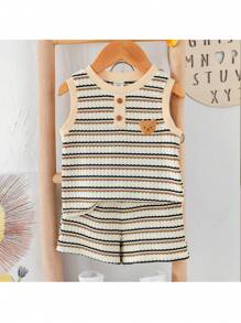 Loomiva 2pcs/Set Baby Boy Summer Cute Knitted Stripe Cartoon Pattern Tank Top And Shorts Set
