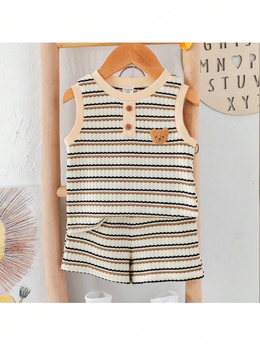 Loomiva 2pcs/Set Baby Boy Summer Cute Knitted Stripe Cartoon Pattern Tank Top And Shorts Set