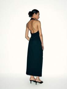 Lumivelle Women's Summer Plain Pleated Side Slit Hem Fashionable Halter Dress