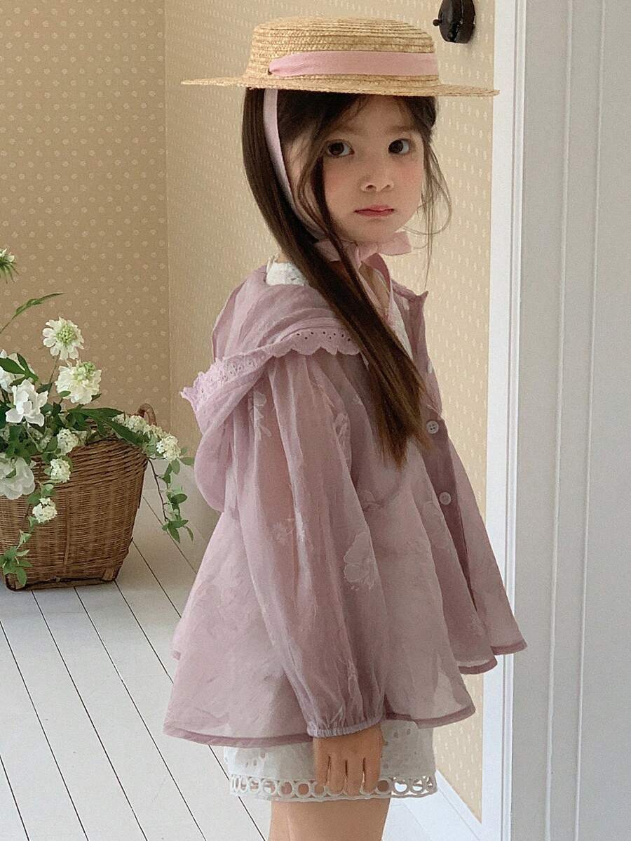 Hapijoa 年轻女孩连帽休闲韩版清新长袖衬衫，夏季 - 淡紫色 - 查看 1