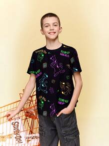 SCOOBY-DOO X SHEIN Tween Boy Cartoon Colorful Neon Puppy Pattern Black Casual Versatile Short Sleeve T-Shirt, Summer - Black - View 1