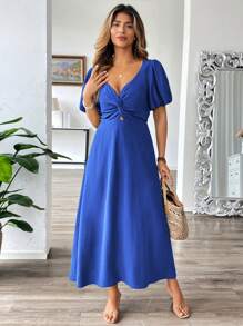 SHEIN Clasi Plus Size Women's French Style Vacation Casual Elegant Sweetheart Neck Twist Front A-Line Puff Sleeve Lantern Sleeve Long Maxi Dress, Spring/Summer - Royal Blue - View 4
