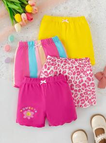 女童休闲短裤 5 件/包，花卉、条纹、豹纹混合纯色，蝴蝶结装饰裤 - 彩色 - 查看 4