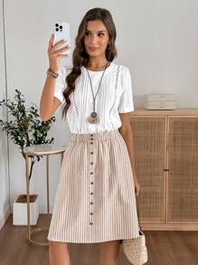 EMERY ROSE Chân váy chữ A in họa tiết sọc đơn giản cài nút phía trước dành cho nữ - Màu Khaki - Xem 5