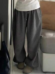 INAWLY 女士纯色深灰色抽绳腰部松紧腰带宽松运动裤 - 深灰色 - 查看 5