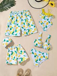 Men's Fresh Lemon Print Woven Fabric Casual Beach Shorts, Summer, Hawaiian