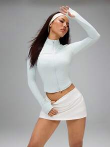 SHEIN PETITE 女款修身立領防紫外線快乾輕量戶外夾克，適合戶外休閒、運動、登山，小碼女款 - 淺藍色 - 查看 3