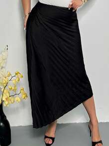 Firerie Women Plus Black Elegant Pleated Asymmetric Hem Skirt,Autumn Night Office Commute Wedding Senior Banquet Birthday Party Siren Style Skirt - Black - View 6