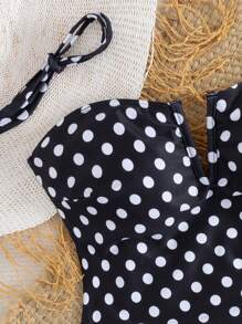 Swim Mod 女士夏季波尔卡圆点印花可拆卸肩带 V 领荷叶边缀饰抹胸式连体泳衣，度假风 - 黑與白 - 查看 5