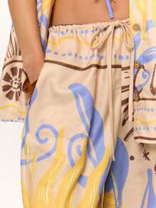 MUSERA Wide Leg Tie Front Graphic Sun Solar Print Trousers Beach Cover Up Swim Summer Vacation Holiday Festival Cute Casual Elegant Tuscan Sun