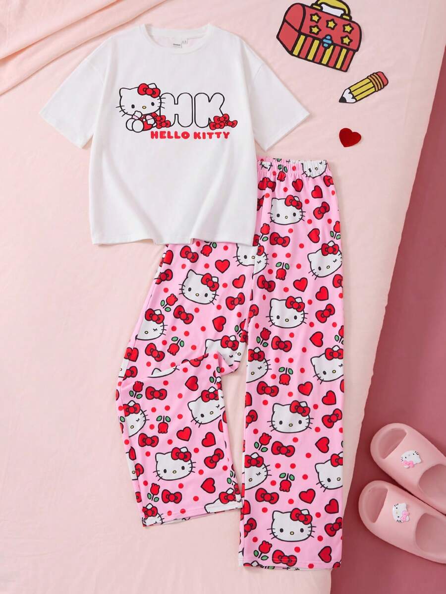 HELLO KITTY AND FRIENDS | SHEIN 少女卡通白色休闲百搭短袖上衣和粉色可爱甜美裤子两件套睡衣套装 - 粉色 - 查看 1