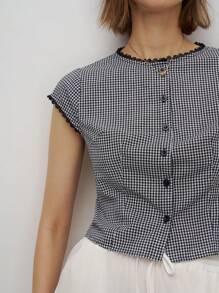 Airaco 女式格子卷袖单排扣休闲衬衫，夏季 - 黑色 - 查看 4