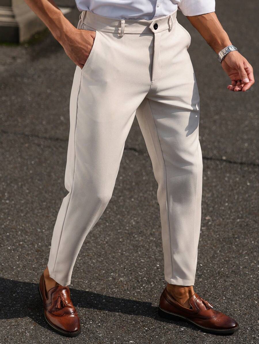 Manfinity Mode 男士纯色商务休闲裤，配有腰带环，适合夏季通勤