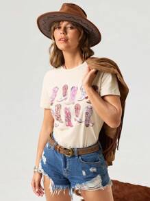 Wildy Maglietta casual da donna aderente, semplice e minimal, stampa stivali western, collo tondo, manica corta, in mescola di cotone, adatta per l'estate