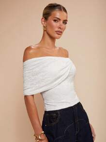COSMINA Women's Off Shoulder Floral Lace Form-Fitting Fashionable Blouse - White - View 3