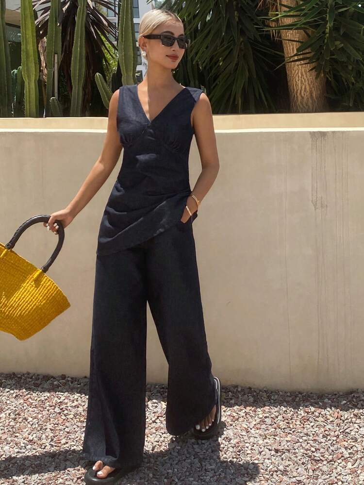 Women's Western Cowgirl V-Neck Sleeveless Belted Crop Top And Wide Leg Pants Casual Summer Suit Vacation