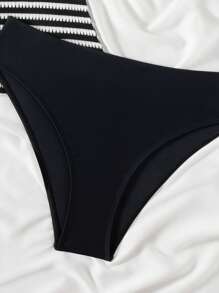 Swim Lushoire Bộ 2 món/Bộ đồ bơi bikini cạp cao hở lưng kẻ sọc đan chéo cho nữ, đồ bơi đi biển mùa hè - Đen và trắng - Xem 7