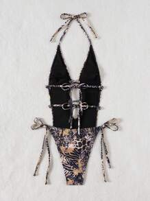 Swim SXY 女式夏季豹纹深 V 性感露背镂空系腰连体泳衣，海滩度假风格