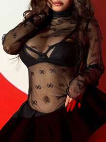 DAZY Plus Size Mesh Bow Print Sheer Sexy Blouse Club Long Sleeve Women Tops,Fall Women Clothes - Black - View 6