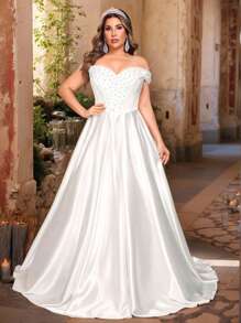 Glamrae 加大码优雅浪漫深 V 领修身鱼尾婚纱，采用串珠网布和 A 字形细节设计，适合新娘 - 白色 - 查看 4