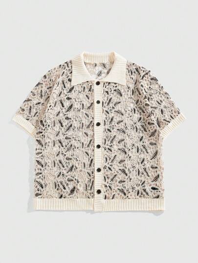 Street Life Camiseta de punto de manga corta con diseño calado y estampado de todo el tejido, estilo de vacaciones de verano para hombre