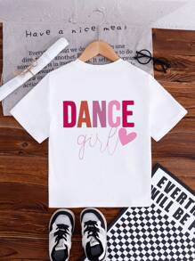 SHEIN Young Girl Casual Comfortable Stylish Heart & Letter "DANCE Girl" Graphic Cute Summer Short Sleeve T-Shirt - White - View 2