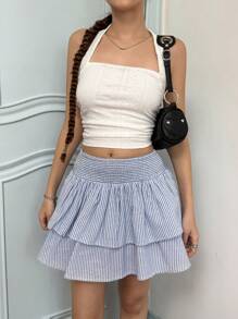SHEIN Teen Girl Casual Minimalist Comfortable Striped Ruffle Hem Short Skirt