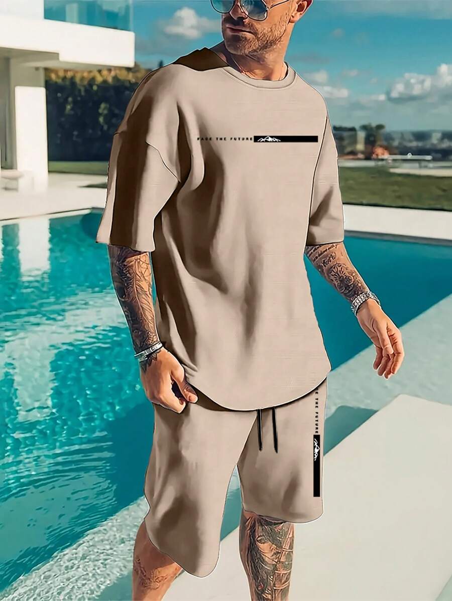 Manfinity Homme Men's Loose Fit Drop Shoulder Short Sleeve T-Shirt & Shorts Set, Summer, Cozy Outfits - Apricot - View 1